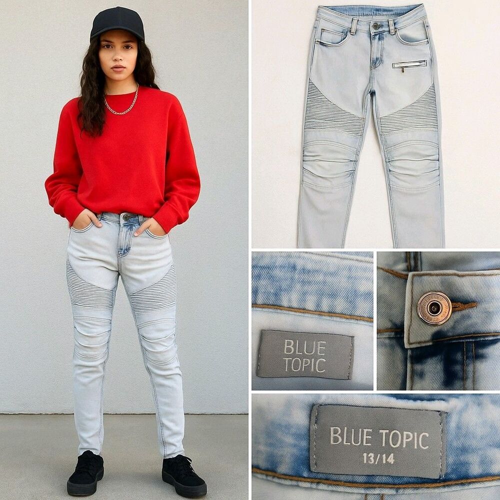 Blue Topic Moto Skinny Jeans 13/14 | Light Acid Wash Y2K Retro Vintage Inspired